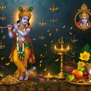 A majestic scene depicting Lord Krishna in His divine form, wearing a rich golden-yellow dhoti and peacock feather crown, playing the celestial flute, surrounded by an ethereal golden aura. On the right side, a traditional Kerala Vishu Kani arrangement with a golden brass lamp (nilavilakku), yellow konna flowers in full bloom, fresh fruits, and a ornate bronze mirror reflecting Krishna's image. The scene is set in a mystical garden with intricate Pattachitra-style border patterns. Soft rays of dawn light filter through, creating a divine atmosphere. Multiple small mandalas float in the background, each containing symbols of prosperity - golden coins, fresh fruits, and sacred texts. The color palette focuses on deep blues, rich golds, and vibrant yellows. The art style combines hyperrealistic digital rendering with traditional Kerala mural art elements. Ethereal particles of light dance around the scene, while intricate Malayalam-style architectural elements frame the composition. A subtle lotus pattern forms the base, with delicate konna petals floating in the air.