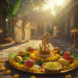 A stunning Kerala home courtyard at dawn, illuminated by warm golden sunlight, featuring an elaborate Vishukkani arrangement on a traditional brass circular tray (uruli). The centerpiece shows a magnificent brass Krishna idol seated on lotus, surrounded by fresh yellow konna flowers (Indian laburnum) arranged in a perfect circular pattern. The arrangement includes traditional elements: freshly picked mangoes, jackfruits, cucumbers, betel leaves, yellow rice, gold-colored fabrics, and a traditional brass mirror (valkannadi) reflecting golden light. In the background, an elderly grandmother in cream and gold Kerala kasavu saree leads a young girl in similar attire towards the Vishukkani, both carrying traditional brass oil lamps (nilavilakku). The scene is adorned with banana plants and fresh coconut palms swaying gently. Intricate kolam patterns in white and gold decorate the courtyard floor. The lighting creates a ethereal atmosphere with soft rays filtering through morning mist, highlighting the brass elements with divine sparkles. Art style combines hyperrealistic digital rendering with traditional Kerala mural art elements, emphasizing rich golds, deep greens, and warm yellows. The overall composition suggests prosperity, tradition, and familial bonds.