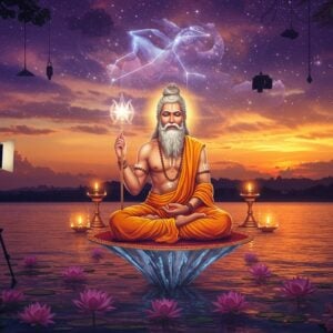 A majestic Indian sage Vishwamitra in rich saffron-colored dhoti and angavastram, seated in padmasana on a crystal platform floating above a serene lotus-filled lake at sunset. His muscular physique reflects his Kshatriya origins, with long flowing grey beard, intense eyes glowing with spiritual power, and a golden aura surrounding him. In his hands, he holds the divine Brahmastra, depicted as an ethereal, glowing sphere of energy. The background shows a cosmic scene with the Trishanku constellation shimmering in a surreal purple-orange sky. Modern television camera equipment and lighting rigs are artistically integrated into the scene, partially hidden behind decorative Madhubani-style clouds and celestial patterns. Sacred symbols like Om and Swastika float in golden light around him. Giant peacock feathers frame the scene, while floating diyas create a path of light across the water. The art style combines hyperrealistic digital rendering with traditional Indian Pattachitra patterns, creating a bridge between ancient and modern aesthetics. The overall mood is mystical and powerful, with dramatic lighting highlighting the sage's transformation from warrior to rishi.