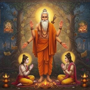 A majestic scene depicting Sage Vishvamitra, portrayed as a tall, dignified Indian man with matted locks, long white beard, wearing saffron robes and rudraksha beads, standing in a powerful stance with his hands raised, teaching a young, celestial-looking Prince Rama and Lakshmana who are seated in padmasana. The sage emanates a brilliant golden aura, surrounded by intricate Madhubani-style patterns of stars and cosmic swirls. In the background, a ethereal forest scene with ancient trees intertwined with magical elements - floating sacred texts, glowing weapons (divine astras), and celestial lights. The color palette combines deep maroons, saffron, and peacock blues with modern gradient effects. Multiple smaller vignettes float in mandala-shaped portals around the main scene, showing Vishwamitra's key moments - his battle with Vasishtha, his ascension from king to sage, and his protection of sacred yagyas. The lighting is dramatic with divine rays streaming down, creating a mystical atmosphere. The scene is framed by traditional Pattachitra-style decorative borders with contemporary geometric patterns and floating lotus motifs. The overall composition blends photorealistic rendering with surreal, spiritual elements and modern digital art techniques.