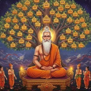A majestic scene depicting Sage Vishvamitra in deep meditation, wearing saffron robes with intricate Madhubani-style patterns, seated in padmasana on a golden lotus platform. His long white beard flows ethereally, and a powerful aura of deep blue and gold surrounds him. Behind him rises his vast family tree, rendered in the style of an ancient Indian banyan tree with glowing golden branches, each branch representing different lineages. The tree's leaves are adorned with small radiant orbs representing his descendants. In the foreground, detailed in Pattachitra style, his notable descendants - Jamadagni, Shakti, and others - are shown as smaller figures in traditional sage attire. The background features a cosmicscape with constellations and vedic symbols in soft, ethereal pastels. Floating manuscripts and sacred threads weave through the scene. The lighting is mystical with warm golden rays filtering through the tree's branches, creating a divine atmosphere. The color palette includes deep maroons, celestial blues, and metallic golds, with subtle mandala patterns throughout the composition. Hyperrealistic digital art style with spiritual overtones.