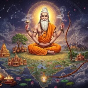 A majestic digital illustration of Sage Vishvamitra in deep meditation, wearing saffron robes with intricate Madhubani-style patterns, floating above a stylized map of ancient India. The sage has a powerful aura emanating in concentric mandala patterns, glowing in deep gold and saffron hues. Around him, miniature vignettes in Pattachitra style show key locations: the Ganga-Yamuna confluence, Pushkar Lake, and the ancient forests of Naimisharanya. Sacred temples float like celestial objects, rendered in ethereal blues and whites. The background features a cosmic void filled with constellations and vedic symbols. In the foreground, his famous bow Vishvadhanush glows with supernatural energy. Mystical smoke tendrils connect all elements, while lotus flowers and rudraksha beads frame the composition. The lighting is dramatic with divine rays breaking through clouds, creating a surreal, spiritual atmosphere. The art style combines photorealistic elements with traditional Indian art motifs, featuring a color palette of deep maroons, celestial blues, and metallic golds.
