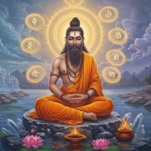 A majestic scene depicting Sage Vishvamitra in deep meditation, seated in padmasana on a crystalline rock formation beside the sacred Ganga river. He wears saffron robes with intricate Madhubani-style patterns, his matted hair flowing with spiritual energy. His face radiates divine light, with a serene expression and a glowing third eye. Around him, five ethereal rings of golden energy spiral upward, representing his transformation from king to rishi. The background shows a transitional scene: one half depicts his royal past with a fading palace and crown, the other half shows an ashram with sacred fire. Floating lotuses and vedic symbols in pastel blues and soft golds surround him. The scene is illuminated by both moonlight and spiritual aura, creating a dramatic interplay of light and shadow. Small vignettes in Pattachitra style float in corners, showing his battle with Vasishtha and creation of Trishanku's heaven. The art style combines hyperrealistic digital rendering with traditional Indian art motifs, emphasizing both the warrior-king's strength and the sage's spiritual evolution.