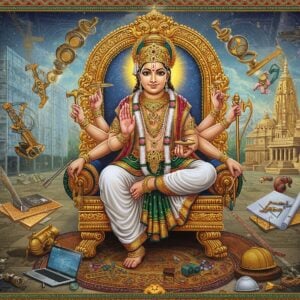 A majestic Lord Vishwakarma seated on an ornate golden throne, depicted as a divine architect with four arms - holding a measuring tape in one hand, craftsman's tools (hammer and chisel) in two hands, and sacred texts in the fourth. He wears traditional gold-embellished white dhoti and crown, adorned with intricate jewelry. Around him, a workshop scene unfolds with modern and traditional tools floating in a spiral pattern - laptops, blueprints, construction equipment merging seamically with ancient crafting tools. The background features a grand, partially constructed modern glass building on one side and an ancient temple on the other, connected by gleaming golden sacred geometry patterns. Soft ethereal light bathes the scene, with sparks of divine energy emanating from his tools. The color palette combines deep royal blues, burnished golds, and warm copper tones. The art style merges traditional Madhubani patterns in the borders with modern digital art techniques, creating a surreal yet sophisticated atmosphere. Small vignettes in corners show various craftsmen at work - carpenters, metallurgists, and architects, all with divine auras around them. Floating lotus flowers and mandalas add spiritual elements to the composition.