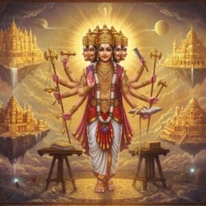 A majestic Indian divine figure Vishwakarma with four heads and eight hands, wearing traditional gold ornaments and white dhoti, floating in a celestial workshop. In his hands he holds divine tools - golden compass, measuring scale, book of architecture, hammer, axe, cosmic measuring rope, chisel, and a craftsman's mallet. Behind him rises a grand ethereal vision showing his creations - Lanka's golden palace, Krishna's Dwarka city rising from ocean waters, and Indra's celestial palace Amaravati floating among iridescent clouds. The scene is illuminated by divine golden light with sacred geometric patterns and mandalas weaving through space. Intricate Madhubani-style decorative patterns frame the composition. The color palette features rich golds, celestial blues, and royal purples. The architecture shown combines ancient Indian temple elements with surreal, floating geometric forms. Glowing particles and light streams add magical atmosphere. Style is a blend of traditional Indian art with modern digital fantasy art, ultra-detailed, ethereal lighting.