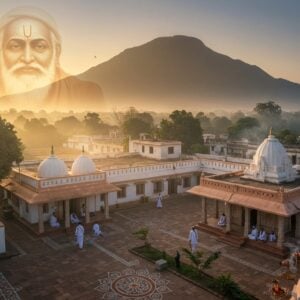 A serene aerial view of Ramana Maharshi Ashram at dawn, with the majestic Arunachala hill in the background glowing in golden morning light. The ashram's white-walled buildings with traditional South Indian architecture feature intricate mandala patterns and lotus motifs. In the foreground, a peaceful meditation hall with devotees in white clothing seated in lotus position. Soft rays of sunlight filter through the banyan trees, creating ethereal light patterns. A photorealistic representation of Sri Ramana Maharshi's calm, compassionate face appears as a translucent, spiritual overlay in the sky, emanating a gentle golden aura. The scene includes flowing water from the ashram well, peacocks in the courtyard, and smoke from sacred fire rituals. The color palette combines earthy browns, spiritual whites, and touches of saffron and deep blue. The art style merges hyperrealistic digital photography with traditional Thanjavur painting elements, creating a modern yet timeless atmosphere. Intricate kolam patterns adorn the pathways, with gentle morning mist adding a mystical quality to the scene.