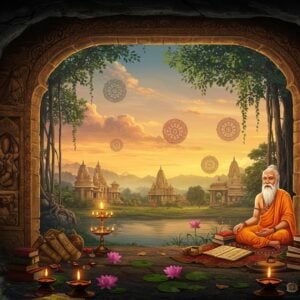 A mystical ancient Indian cave entrance adorned with intricate Madhubani-style carvings, illuminated by warm golden light streaming from within. An elderly sage figure resembling Vyasa sits in peaceful meditation at the cave's mouth, surrounded by ancient palm leaf manuscripts and sacred texts. His appearance matches traditional descriptions: white beard, ochre robes, and a peaceful countenance. The cave opens to a breathtaking landscape featuring distant temples with classical Indian architecture, their spires reaching into a sunset sky filled with soft pastel clouds. Sacred banyan trees with hanging roots frame the scene, their leaves sporting detailed Pattachitra-style patterns. Multiple floating mandalas in shades of saffron and deep blue hover in the air, emanating a divine glow. The foreground features a serene pond with blooming lotus flowers, their petals detailed in gold leaf style. Small oil lamps and incense trails create an ethereal atmosphere, while subtle symbols of the Vedas and ancient Sanskrit manuscripts float ethereally in the background. The entire scene is rendered in a harmonious blend of traditional Indian art and modern digital techniques, with an emphasis on rich, deep colors and intricate spiritual motifs.