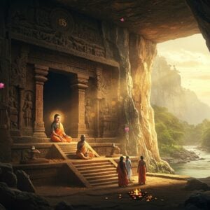 A mystical entrance to an ancient cave carved into a massive rock face, illuminated by golden-orange sunlight streaming through natural openings. The cave entrance features intricate Chalukyan-style stone carvings and mandala patterns. A serene Indian female saint (Akka Mahadevi) in traditional white garments with flowing black hair sits in meditation near the entrance, surrounded by a subtle spiritual aura. The landscape shows the Krishna River flowing below with lush green forests. Modern-day pilgrims in contemporary Indian clothing approach the cave steps. The scene is enhanced with floating lotus flowers, soft mist, and ethereal light beams. The color palette combines deep earth tones with spiritual gold and blue hues. The art style merges hyperrealistic digital rendering with traditional Pattachitra patterns in the details. Sacred Shiva symbols and lingams are tastefully incorporated into the rock formations. The overall composition creates a bridge between ancient spirituality and modern pilgrimage.