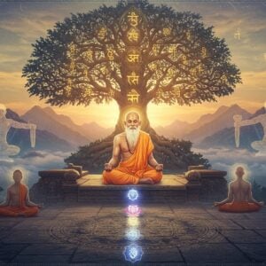 A serene Indian yoga master in traditional white dhoti and angavastram, seated in Padmasana on a carved stone platform, embodying the wisdom of Sage Vyasa. Behind him rises an ethereal vision of the ancient Himalayan peaks at sunrise, with soft golden rays filtering through misty clouds. A magnificent tree of knowledge spreads its branches above, each branch illuminated with flowing Sanskrit scriptures in golden light. The foreground features a sacred geometric mandala pattern in deep indigo and gold, with seven lotus flowers representing the chakras. Multiple translucent layers show yoga practitioners in various asanas, their forms rendered in a modern, minimalist style with glowing aura outlines. The scene is framed by intricate Madhubani-style border patterns featuring peacocks and sacred symbols. The lighting is mystical, with warm amber tones blending into cool blues, creating a timeless atmosphere that bridges ancient wisdom with contemporary aesthetics. The composition emphasizes depth through atmospheric perspective, with sacred geometry patterns floating in the background space. The art style combines hyperrealistic elements with spiritual symbolism, rendered in a high-end digital art technique.
