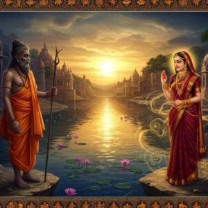 A dramatic riverside scene depicting sage Vyasa with dark complexion, matted hair, and orange-saffron robes standing on one bank, while the beautiful Satyavati in a rich maroon saree with gold border stands on the opposite bank. Satyavati's extraordinary beauty and the lingering scent of matsyagandha is visualized through swirling, ethereal patterns of gleaming golden mist around her. The sacred river Yamuna flows between them in deep peacock blue, reflecting a celestial golden light. The background features ancient Indian architecture with intricate Madhubani-style patterns. Blooming lotus flowers in pink and white dot the river. The scene is illuminated by a warm, divine light breaking through clouds, creating a mystical atmosphere. The borders feature traditional Pattachitra-style decorative elements with celestial motifs. The color palette focuses on deep maroons, royal blues, sunset oranges, and metallic gold accents. Artistic style combines hyperrealistic digital art with traditional Indian art elements, emphasizing the mythological and divine aspects while maintaining historical accuracy.