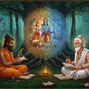 Two ancient Indian sages seated facing each other in a mystical forest clearing, Vyasa on the left with dark complexion, matted hair, and beard wearing saffron robes, holding palm leaves and writing the Mahabharata, while Valmiki on the right in white robes with serene expression writing the Ramayana as a peacock watches. Between them floats an ethereal, glowing mandala intertwined with scenes from both epics - Lord Rama with bow and arrow merging into Arjuna's chariot scene. The background features a massive banyan tree with roots forming intricate Sanskrit-style patterns. Golden light filters through the canopy, creating divine atmosphere. Floating lotus flowers and manuscripts surround them. The art style combines traditional Madhubani patterns in the borders with modern digital art techniques, using rich colors like deep maroon, forest green, and burnished gold. A subtle blue aura surrounds both sages, while celestial rishis appear as translucent forms in the background watching the creation of the epics.
