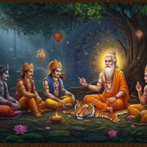 A majestic scene depicting the ancient sage Vyasa, portrayed as a wise elderly Indian man with matted locks, long white beard, wearing saffron robes, seated on a tiger skin under a sacred banyan tree. He's surrounded by an ethereal golden aura while narrating the epic to the five Pandavas who are seated respectfully before him. Arjuna in blue royal attire, Bhima in earth-toned warrior gear, Yudhishthira in white royal robes with a crown, and the twins Nakula and Sahadeva in matching royal attire. Behind them, a large intricate mandala pattern glows in deep blues and golds, featuring Sanskrit symbols. The scene is set in a mystical forest clearing with floating lotus flowers and peacock feathers. Soft beams of divine light filter through the banyan leaves, creating a dramatic atmosphere. The art style combines traditional Madhubani patterns in the borders with modern digital rendering, using rich colors like deep maroon, royal blue, and burnished gold. Sacred threads and spiritual symbols float in the air, and small manifestations of celestial beings appear in the background, watching the sacred transmission of knowledge. Hyperrealistic details in the characters' expressions showing deep reverence and attention.