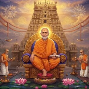 A serene, ethereal scene depicting Sri Vyasaraja Swami seated in padmasana on an ornate golden throne, wearing saffron robes with traditional Madhwa tilaka markings in white and black. His face radiates divine wisdom with a gentle smile, surrounded by a luminous golden aura. In his hands, he holds sacred texts and a tulasi mala. Behind him rises a massive, intricately carved temple gopuram in traditional Dravidian architecture style, rendered in soft golden light. The foreground features a mystical pond with floating lotus flowers, their petals emanating subtle light. On either side, devotees in traditional South Indian attire perform puja with camphor lamps and flowers. The sky shows a surreal blend of deep indigo and gold, with floating mandalas and Vedic symbols rendered in glowing light. Multiple layers of translucent sacred threads (yagnopavita) float ethereally around the scene. The art style combines hyperrealistic details with Madhubani patterns, featuring rich colors like deep maroon, saffron, and peacock blue, while maintaining a modern digital aesthetic with volumetric lighting and atmospheric depth.