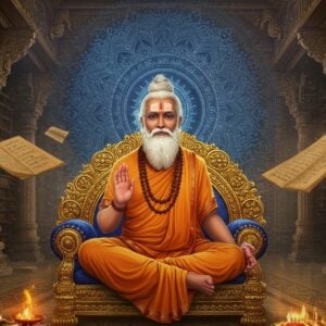 A majestic Indian sage Vyasaraja seated in padmasana on an ornate golden throne, wearing saffron robes adorned with Vaishnava tilaka and traditional rudraksha malas. His face radiates divine wisdom with serene expression and flowing white beard. Behind him, a large intricate mandala glows in deep blue and gold, incorporating Madhubani-style patterns of peacocks and lotuses. Around him float ancient palm leaf manuscripts with subtle Kannada scripts. The scene is set in a mystical library-temple fusion with towering pillars covered in traditional Vijayanagara architecture patterns. Soft ethereal light streams through ornate windows, creating a divine atmosphere. In the foreground, symbolic elements of Dvaita philosophy represented through two distinct golden paths merging into infinity. The color palette focuses on rich saffron, deep maroon, peacock blue, and metallic gold accents. The art style combines hyperrealistic digital rendering with traditional Indian art elements, creating a surreal yet authentic spiritual atmosphere.