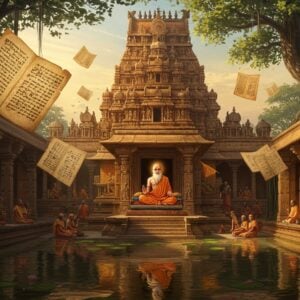 A majestic ancient South Indian monastery architecture with intricate Dravidian gopuram details in golden hour sunlight, featuring ornate stone pillars with Madhwa symbols carved into them. In the foreground, a serene courtyard with a traditional pushkarini (temple tank) reflecting the structure. Ancient palm leaf manuscripts and philosophical texts float ethereally around the scene, their pages glowing with a subtle divine light. A prominent sage figure in ochre robes, representing Vyasaraja, seated in padmasana on an elevated platform, surrounded by a soft, spiritual aura. The scene is decorated with floating lotuses, vedic symbols, and mandalas in muted gold and saffron hues. Multiple levels of the monastery visible with students engaged in philosophical discussions in various courtyards. The architecture seamlessly blends with nature, showing ancient banyan trees with aerial roots framing the structure. Art style combines traditional Hoysala temple art patterns with modern digital painting techniques, emphasizing depth and atmospheric lighting. Subtle rays of light filter through the pillars creating a mystical ambiance. The color palette focuses on deep maroons, burnished golds, and rich earth tones, with hints of peacock blue in architectural details.