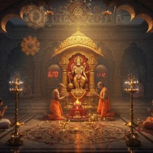 A majestic temple courtyard at dawn with intricate Madhubani-style patterns on marble floors, featuring a central shrine adorned with golden Hanuman statues and Vyasa imagery. Two priests in traditional white dhotis perform elaborate pujas with brass lamps and flower garlands. Ethereal morning light streams through ornate pillars, creating a divine atmosphere. Digital clock showing 6:00 AM subtly integrated into traditional Pattachitra-style wall art. Scene includes devotees in modern Indian attire (kurtas, silk sarees) consulting mobile phones while seated on carved stone steps. Floating mandalas and yantra patterns in soft gold and saffron hover in the air. Incense smoke forms mystical patterns. Contemporary LED diyas blend seamlessly with traditional oil lamps. The color palette combines deep maroons, peacock blues, and golden hues with modern metallic accents. Photorealistic digital art style with surreal lighting effects, maintaining cultural authenticity while showcasing modern elements. Scene viewed through a mystical arch decorated with lotus motifs and Sanskrit symbols.