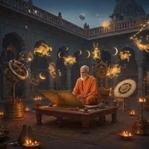A grand ancient Indian observatory courtyard at dusk, featuring intricate astronomical instruments made of brass and marble. In the center, a distinguished elderly Indian sage in traditional saffron robes sits cross-legged on an ornate wooden platform, studying celestial charts. Around him float ethereal, glowing constellations and zodiac symbols in gold and deep blue. Traditional Indian calendrical symbols and celestial calculations are depicted as luminous geometric patterns in the air. The scene is illuminated by both moonlight and oil lamps, creating a mystical atmosphere. The background features a temple architecture with Madhubani-style painted walls showing phases of the moon and sun. Ornate brass calendars and traditional time-measuring devices are arranged in a mandala pattern. The color palette includes deep indigo blues, burnished gold, saffron, and copper tones. The art style combines hyperrealistic details with magical surrealism, featuring glowing auras and floating elements. Intricate Pattachitra-style border patterns frame the scene, incorporating traditional Hindu astronomical symbols and sacred geometry.