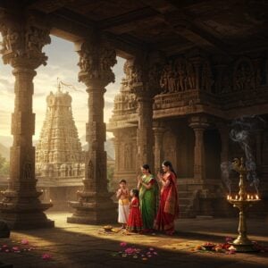 A majestic ancient South Indian temple mutt architecture with intricate Dravidian stone carvings, illuminated by golden morning sunlight. The structure features traditional gopuram-style towers with detailed sculptures of Hindu deities. In the foreground, a serene courtyard with a beautiful stone mandapa supported by ornate pillars, where a modern Indian family in traditional attire (man in white dhoti, woman in red silk saree, child in colorful traditional dress) performs pranams. The scene is enhanced by floating lotus flowers, burning brass oil lamps, and swirling incense smoke creating ethereal patterns. The background showcases the iconic Tirumala hills with misty clouds. The color palette combines deep maroons, sacred yellows, and temple stone greys with touches of gold. The lighting creates a divine atmosphere with sun rays filtering through the pillars. The art style merges hyperrealistic architectural details with Madhubani-inspired decorative elements and modern digital art techniques, emphasizing both the historical significance and contemporary relevance.