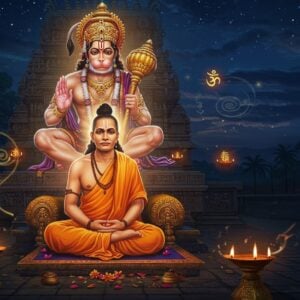 A serene night scene depicting the revered saint Vyasaraja in traditional saffron robes, seated in padmasana on an ornate stone platform, deep in meditation with a subtle golden aura surrounding him. Lord Hanuman, massive and powerful, appears as a divine vision above him, rendered in deep vermillion with golden highlights, wearing a crown studded with gems, and adorned with celestial ornaments. Hanuman is shown in his warrior pose, holding his gada in his right hand, while his left hand is raised in blessing. The background features an ancient South Indian temple architecture with intricate Hoysala-style carvings, partially illuminated by moonlight. Floating mystical mandalas and Vedic symbols in glowing gold surround them both. The scene is enhanced with swirling ethereal energy patterns in peacock blue and soft orange, with scattered flower petals and subtle rays of divine light descending from above. The art style combines traditional Mysore painting techniques with modern digital art aesthetics, emphasizing rich colors and intricate details. The atmosphere is mystical and transcendent, with floating oil lamps casting a warm glow across the scene.