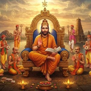 A majestic scene depicting Sri Vyasaraja in traditional ochre robes, seated in padmasana on an ornate golden throne adorned with Madhwa symbols, against the backdrop of Hampi's ancient temple architecture. He holds ancient palm leaf manuscripts in his right hand and his left hand is in chin mudra. A mystical golden aura surrounds him, with intricate mandalas floating in the air. Around him, eight prominent Haridasa saints in traditional attire are shown in smaller size, each holding tamburas, creating a circular formation. The scene features floating ankita (signatures) of various Haridasas transformed into ethereal light particles. The color palette combines deep maroons, saffron, and golden hues with modern gradient effects. The background shows the Tungabhadra river flowing serenely, with the iconic Virupaksha temple silhouette. Mandala patterns and Madhwa symbols are intricately woven throughout the composition in a modern geometric style. The lighting creates a divine atmosphere with soft golden rays filtering through clouds, illuminating the scene in a contemporary spiritual aesthetic. Hyperrealistic digital art style with elements of traditional Madhubani patterns.