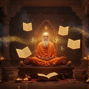 A serene ancient Indian library setting with an illuminated sage Vyasaraja in ochre robes, seated in padmasana on an ornate wooden platform, surrounded by palm leaf manuscripts and traditional copper-bound texts. A soft golden aura emanates from him, highlighting his scholarly demeanor and gentle expression. Multiple floating visualizations emerge from the manuscripts, showing sacred symbols of Dvaita philosophy - two distinct circles representing dualism, the sacred AUM, and the symbols of Hanuman and Madhwa sampradaya. The background features intricately carved wooden pillars with Madhubani-style patterns, while floating oil lamps cast a warm glow. Ethereal streams of Sanskrit verses flow like golden ribbons through the air. The scene is rendered in rich, deep colors - maroon, saffron, and peacock blue - with modern digital art techniques. Mystical smoke patterns and subtle mandalas float in the background. The lighting creates a dramatic interplay of light and shadow, emphasizing the spiritual and scholarly atmosphere. Hyperrealistic style with magical realism elements, 8k resolution, cinematic lighting.
