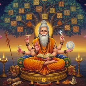 A majestic portrayal of Sage Vyasa seated in padmasana on a golden lotus platform, wearing saffron robes with intricate Madhubani-style patterns. His face bears wisdom with a serene expression, grey beard, and traditional third eye mark. Four arms hold significant items - palm leaf manuscript, peacock feather pen, sacred thread, and a crystal ball showing glimpses of the Mahabharata war. Behind him rises a massive cosmic tree with branches containing glowing manuscripts representing different Puranas and Vedas. The tree's leaves are inscribed with Sanskrit verses in golden light. Ethereal floating lotuses and mandalas surround him. The background features a gradient of deep midnight blue to sunrise gold, with subtle Pattachitra-style borders. Soft orbs of divine light illuminate the scene. At his feet rest ancient scrolls and vedic symbols. The overall composition has a surreal, digital art quality while maintaining traditional Indian artistic elements. The scene emanates divine wisdom and spiritual power through careful use of lighting and celestial elements.
