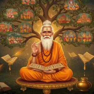 A majestic, elderly sage with deep wisdom-filled eyes, dressed in traditional saffron robes with intricate Madhubani-style patterns, seated in padmasana on a golden lotus platform. His long white beard flows ethereally, adorned with sacred rudraksha beads. He holds an ancient palm-leaf manuscript in his left hand while his right hand is raised in chin mudra. Behind him, a massive ethereal tree of knowledge spreads its branches, each containing glowing scenes from the Mahabharata in miniature Pattachitra style - showing the Kurukshetra war, Draupadi's vastraharan, and Krishna's Vishwaroop. Floating manuscripts and Sanskrit verses in golden light surround him. A peacock-blue aura emanates from his form, merging with warm golden light. The background features subtle mandalas and geometric patterns in deep maroon and saffron. Multiple translucent quills float around him, dripping golden ink that forms cosmic patterns. The scene is set in a mystical forest with soft, surreal lighting creating a divine atmosphere. Photorealistic digital art style with strong Indian classical art influences.