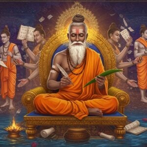 A majestic, elderly sage with dark complexion sitting in padmasana on a golden throne, dressed in saffron robes with sacred thread across his chest, long white beard, and matted hair tied in a top knot. He holds palm leaves in two hands while writing with a quill, surrounded by multiple ethereal, translucent reflections of himself each in different poses - one holding the Vedas, another teaching disciples, one in deep meditation. A cosmic mandala floats behind him with intricate Sanskrit patterns. The scene is set in a celestial library with floating manuscripts and scrolls. Soft golden light emanates from his form, while peacock blue and deep maroon hues dominate the background. Traditional Indian artistic elements like lotus motifs and geometric patterns frame the scene. The art style combines hyperrealistic digital rendering with traditional Madhubani patterns. Mystical particles of light and swirling energy surround each reflection, suggesting divine wisdom. A celestial river flows at his feet, symbolizing the flow of knowledge.