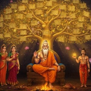 A majestic composition showing Sage Vyasa, depicted as a wise elderly Indian man with matted locks, long white beard, wearing saffron robes, seated in padmasana on an intricately carved wooden throne. Behind him rises a magnificent golden tree with glowing branches forming the shape of a family tree. The tree's leaves are made of illuminated Sanskrit manuscripts. On either side of Vyasa are ethereal, semi-transparent figures: Ambika and Ambalika in royal attire and jewelry, and Vatika (the maid) in simple clothes. Below them are their children - Dhritarashtra (with closed eyes), Pandu (pale-skinned), and Vidura, each emanating a distinct aura. The scene is set in a mystical forest clearing with sacred fire in the foreground casting warm golden light. Floating lotus flowers, peacock feathers, and vedic symbols adorn the periphery. The art style combines traditional Madhubani patterns in the tree's design with modern digital painting techniques, using deep maroons, royal blues, and burnished golds. Sacred threads and spiritual symbols float in the air, creating a supernatural atmosphere. The lighting is dramatic with god rays filtering through the tree's branches, highlighting the interconnected nature of the family relationships.