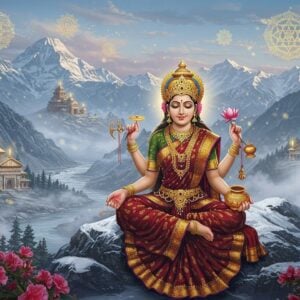 A serene, ethereal scene depicting Goddess Parvati seated in padmasana on a snow-capped Himalayan peak, wearing a rich maroon and gold silk saree with intricate Madhubani-style border patterns. Her four arms hold a lotus flower, a mirror, a rosary, and a golden vessel. She wears traditional gold ornaments, including a crown adorned with crescent moon. Her face radiates divine beauty and motherly warmth. Behind her, multiple sacred temples emerge from misty valleys, each glowing with soft golden light. The landscape features a flowing Ganga river, sacred Mount Kailash in the distance, and blooming rhododendrons in the foreground. Floating mandalas and yantra patterns in golden light surround the scene. The color palette combines deep blues of mountains, soft whites of snow, warm golds of divine light, and rich reds of the flowers. The art style merges hyperrealistic digital rendering with traditional Pattachitra patterns, creating a mystical atmosphere with gentle lens flares and particle effects. The overall composition suggests both divine grandeur and approachable spirituality.
