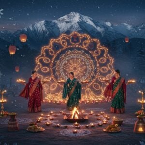 A mesmerizing nighttime winter festival scene in India with snow-capped Himalayas in the background, featuring a grand mandala-shaped arrangement of traditional diyas and modern fairy lights creating a warm golden glow. In the foreground, three Indian women in rich burgundy, deep blue, and emerald green winter silk sarees with intricate zari work, wearing matching shawls, performing a traditional dance with brass thalis. The scene includes floating paper lanterns, strings of marigolds, and crystalline snowflakes catching the light. A traditional bonfire creates dramatic shadows and warm light, surrounded by brass urns containing traditional winter delicacies. Decorative elements include detailed Madhubani-style border patterns, modern geometric rangoli designs in white and gold, and contemporary LED installations shaped like peacocks. The atmosphere combines mystical winter mist with the warm glow of celebrations, rendered in a style blending traditional Indian art with modern digital aesthetics. Rich colors of deep maroon, midnight blue, and burnished gold dominate, with subtle touches of frost-like silver accents.