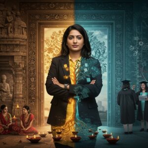 A powerful scene of an Indian woman in her early 30s, wearing a modern professional blazer merged with traditional Indian elements, standing confidently in front of a massive ornate doorway that transitions from ancient to modern architecture. The left side shows a traditional Indian gurukul with carved stone pillars and lotus motifs, where young girls in traditional attire sit excluded. The right side transforms into a modern university with glass and steel, where diverse Indian women in graduation robes celebrate. A glowing golden tree of knowledge grows through the center, its roots showing ancient Sanskrit texts and branches blooming into modern digital tablets and books. The lighting creates a dramatic contrast - darker sepia tones on the traditional side evolving into bright, hopeful colors on the modern side. Floating diyas (oil lamps) create a path of light through the scene. In the background, intricate Madhubani-style patterns merge with modern infographic elements. The woman's shadow forms the shape of a traditional Indian teacher or guru, symbolizing the bridge between past and present. Art style combines hyperrealistic digital art with traditional Indian Pattachitra patterns, using a color palette of deep maroon, royal blue, burnished gold, and contemporary teals.
