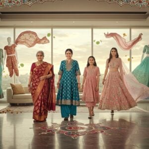 A stunning panoramic scene featuring three generations of Indian women in a luxurious contemporary setting with floor-to-ceiling windows, walking gracefully on a marble floor adorned with intricate rangoli patterns. The grandmother wears a rich maroon Banarasi silk saree with intricate gold zari work, the mother sports a modern Indo-western fusion outfit combining a designer cape with palazzo pants in peacock blue, and the daughter wears a contemporary pastel pink lehenga with mirror work. Traditional jewelry like jhumkas, bangles, and layered necklaces adorns them. Behind them, floating ethereal mannequins display various Indian attires - from traditional Kanjeevaram sarees to modern dhoti pants and crop tops. Soft golden light streams through the windows, creating a magical atmosphere. The scene incorporates Madhubani-style decorative elements along the borders, with stylized peacocks and lotus motifs. The color palette combines deep traditional colors (maroon, royal blue, gold) with modern pastels (blush pink, mint green, lavender). Floating fabric pieces in various textures - silk, cotton, chiffon, brocade - dance in the background. The overall composition is dreamy and sophisticated, with a perfect blend of traditional and contemporary elements.