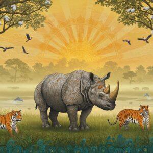 A majestic one-horned Indian rhinoceros standing majestically in the golden morning mist of Kaziranga, with a detailed mandala-style sun rising behind. The rhino's textured skin rendered in intricate Madhubani patterns, incorporating traditional Assamese motifs. In the foreground, vibrant Bengal tigers prowl through tall elephant grass painted in peacock blue and saffron hues. The landscape features a watercolor-style Brahmaputra River flowing through, with endangered Gangetic dolphins leaping in stylized waves. Red-headed vultures soar overhead in an ethereal sky filled with swirling golden clouds. The scene is framed by ancient silk cotton trees adorned with greater adjutant storks, their branches forming natural mandalas. The entire composition merges photorealistic wildlife with traditional Assamese textile patterns, creating a surreal, dreamlike quality. The lighting is mystical with soft golden rays filtering through morning fog, highlighting the rich biodiversity. Small groups of wild water buffalos and Asian elephants visible in the background, rendered in Pattachitra style. The scene captures both Kaziranga and Manas parks' essence in a single, mesmerizing frame.