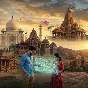 A majestic composite scene featuring iconic Indian World Heritage Sites seamlessly blending into each other: the pristine white Taj Mahal at sunrise with golden rays illuminating its dome, transitioning into the intricately carved Khajuraho temples with detailed sculptures, flowing into the sun-kissed ruins of Hampi with its massive granite boulders. In the foreground, a young Indian couple in modern casual wear (the man in crisp blue shirt and beige pants, woman in contemporary fusion wear) looking at an ethereal glowing map floating in the air. The map features miniature 3D holograms of heritage sites rising from its surface. The scene is illuminated by soft, mystical golden light with swirling patterns of traditional Madhubani art in the sky. Floating lotus flowers and peacock feathers frame the corners. The color palette includes deep royal blues, warm golds, earthy terracotta, and subtle cream tones. Photorealistic digital art style with magical realism elements, 8k resolution, cinematic lighting, ultra-detailed architecture.