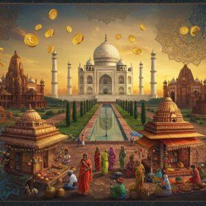 A stunning aerial view of the Taj Mahal at golden hour, seamlessly blending into a montage of other heritage sites including ancient temples from Khajuraho and Konark Sun Temple. The monuments are rendered in intricate Madhubani art style with rich gold and deep blue hues. Traditional Indian tourists in colorful attire (saris, kurtas) interact with international visitors, exchanging cultural gestures. Local artisans sit in decorated stalls selling handicrafts. Floating golden coins and currency symbols subtly hover in the air, representing economic prosperity. The scene is framed by ornate mandala patterns in peacock blue and saffron. Modern hotels and restaurants are tastefully integrated in the background. Ethereal rays of light illuminate the monuments, creating a magical atmosphere. Small groups of tour guides gesture animatedly, sharing stories. Camera-wielding tourists capture moments while others admire intricate architectural details. The overall composition follows a circular flow, with the Taj Mahal as the central focal point. The art style combines hyperrealistic architectural details with stylized Indian art elements, rendered in 8K resolution with cinematic lighting.