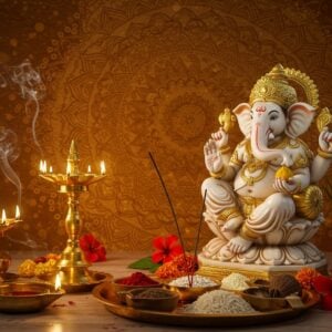 A serene home altar setup with Lord Ganesha as the central figure, depicted in pure white marble with intricate gold details, seated in Padmasana on a raised golden lotus throne. The four-armed deity holds a modak in lower right hand, broken tusk in upper right, noose in upper left, and axe in lower left hand. His trunk curves gracefully to His left, touching the modak. The altar features traditional brass lamps with glowing flames, fresh marigold and lotus garlands, red hibiscus flowers, and durva grass arranged artistically. Smoke from lit incense creates ethereal swirls in warm golden light. The background shows a large, intricate mandala in soft saffron and gold tones with geometric patterns. Traditional brass pooja items - including kumkum, rice, and coconut - are arranged aesthetically on a decorative brass thali. The scene is illuminated by soft, warm diya lights creating a divine atmosphere. The style combines hyperrealistic textures with traditional Madhubani patterns in the background, rendered in a modern digital art technique. The color palette focuses on warm golds, rich reds, and pure whites with subtle incorporation of peacock blues in the mandala patterns.
