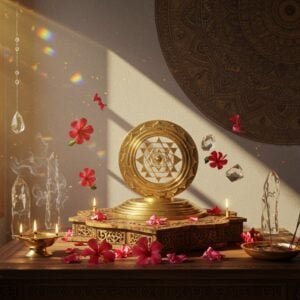 A serene Indian home interior with a beautiful brass yantra placed on an ornate wooden altar, illuminated by soft golden rays streaming through a window. The altar features traditional elements like a silver oil lamp with dancing flames, fresh red hibiscus flowers, and burning incense creating ethereal smoke patterns. The yantra glows with subtle divine energy, depicted through delicate sacred geometry patterns radiating outward in shades of saffron and white. Floating around the yantra are intricate Madhubani-style motifs of lotus flowers, peacocks, and sacred symbols in deep maroon and peacock blue. The background wall features a large, detailed mandala in metallic gold and copper tones. The atmosphere is mystical yet modern, with crystal prisms creating rainbow light effects. The overall composition balances traditional sacred geometry with contemporary aesthetic, rendered in a digital art style that combines photorealism with spiritual symbolism. Natural morning light bathes the scene in a warm, inviting glow.