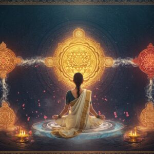 A serene Indian woman in a flowing white silk saree with golden border, seated in padmasana on a translucent lotus platform, surrounded by multiple geometrically precise, glowing yantras floating in ethereal space. The central Sri Yantra emanates golden light, rendered in precise sacred geometry with bindu at center. Smaller yantras orbit around - Ganesha Yantra in soft orange, Lakshmi Yantra in emerald green, and Durga Yantra in deep red. Sacred Sanskrit symbols float as subtle light forms. Background features a massive mandala pattern in deep indigo and gold. Streams of light particles and geometric patterns flow between the yantras. The scene is illuminated by soft, mystical light with lens flares. Intricate Madhubani-style border patterns frame the edges. Hyperrealistic digital art style with dramatic lighting, depth of field, and rich jewel tones. The overall atmosphere is mystical and transcendental, with subtle smoke effects and floating flower petals adding to the ethereal quality.