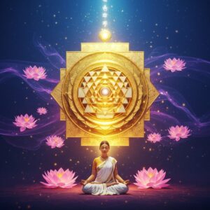 A mesmerizing 3D golden Sri Yantra floating in a mystical space, emanating rays of divine light in shades of saffron and pearl white. The Yantra is intricately detailed with perfect geometric patterns, surrounded by swirling Sanskrit mantras visualized as ethereal, glowing energy streams in deep indigo and cosmic purple. A serene Indian woman in a flowing white silk saree with golden border sits in padmasana beneath the yantra, her hands in dhyan mudra. Multiple translucent lotus flowers in soft pink and gold float around her. The background features a gradient of deep blue to purple, with subtle Madhubani-style patterns. Glowing mandalas and sacred geometry patterns appear as subtle overlays. Small particles of light dance around the scene like fireflies. The lighting is otherworldly with a soft, spiritual glow emanating from the center of the yantra. Hyperrealistic digital art style with strong attention to geometric precision and sacred proportions, while maintaining a modern, sophisticated aesthetic.