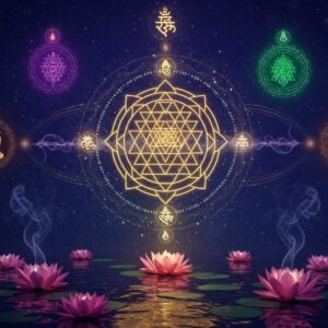 A luminous Sri Yantra floating in a mystical space, rendered in intricate gold lines against a deep indigo background. The yantra emanates a soft, ethereal glow with subtle energy waves rippling outward. Around it, smaller yantras (Ganesha Yantra, Lakshmi Yantra, and Durga Yantra) orbit like celestial bodies, each pulsing with their distinct colors - crimson, emerald, and saffron. Sacred geometry patterns flow between them, creating interconnected golden threads. In the foreground, lotus flowers in various stages of bloom float in a reflective pool of water, their petals catching the divine light. The scene is adorned with delicate smoke wisps forming Sanskrit symbols that dissolve into sparkles. The art style combines traditional Tantric precision with modern digital aesthetics, featuring a gradient of deep purples to midnight blues in the background. Translucent mandalas layer the composition, creating depth. The overall scene is photorealistic yet mystical, with an inner glow suggesting divine energy, rendered in high-definition digital art style with subtle particle effects and lens flares.