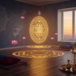A serene Indian meditation room with a large, intricately detailed Sri Yantra floating and glowing in golden light at the center, casting sacred geometric patterns on polished wooden floors. The room features a modern minimalist design with traditional elements - low meditation cushions in rich maroon and peacock blue silk, brass oil lamps with soft flames, and crystal clusters. Wisps of sandalwood incense create ethereal swirls in the air. The walls feature hand-painted Madhubani-style mandalas in deep indigo and gold. A large bay window shows a sunrise sky in soft pastels. Small floating lotus flowers in pink and white hover near the yantra, each emitting a gentle luminescence. The scene is illuminated by both natural morning light and the mystical glow of the yantra, creating an atmosphere of divine tranquility. In the foreground, elegant copper and brass sacred items are arranged on a carved wooden altar. The overall composition combines sacred geometry with modern aesthetics, rendered in a photorealistic style with magical elements.