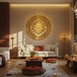 A serene Indian living room with a large Sri Yantra made of polished brass mounted on an east-facing wall, emanating subtle golden light rays. The room features elegant contemporary furniture in cream and warm wood tones, with traditional elements like brass lamps and silk cushions. A detailed Lakshmi Yantra sits on a small wooden altar in the northeast corner, surrounded by fresh lotus flowers and tealight diyas creating soft reflections. The scene showcases multiple authentic yantras in their correct directional placements - a Vastu Yantra near the main door, Kuber Yantra in the north. Intricate Madhubani-style patterns in deep maroon and peacock blue adorn the walls. Sunlight streaming through window creates prismatic patterns through crystal hangings, casting sacred geometrical shadows. The atmosphere is mystical with subtle swirls of sandalwood incense, while maintaining a modern, sophisticated aesthetic. The overall composition emphasizes perfect geometric symmetry, with a focused center point drawing the eye inward, rendered in a style blending photorealism with spiritual symbolism.