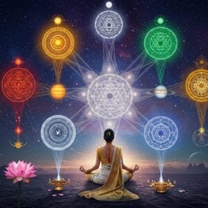A mesmerizing cosmic scene featuring nine intricately detailed Vedic yantras floating in a mystical space, arranged in a perfect mandala formation. Each yantra glows with its corresponding planetary color - Sun (copper-gold), Moon (silver-white), Mars (deep red), Mercury (emerald green), Jupiter (yellow-gold), Venus (diamond-white), Saturn (deep blue), Rahu (smoky purple), and Ketu (grey-blue). The yantras emit ethereal light streams that interconnect in sacred geometric patterns. The background features a gradient of deep indigo to cosmic purple, with subtle star clusters and nebulae. In the foreground, a serene Indian woman in a flowing white silk saree with gold border meditates, her hands in chin mudra. Around her float delicate lotus flowers, celestial symbols, and subtle sacred geometry patterns in metallic gold. The scene is illuminated by an otherworldly glow, creating an atmosphere of divine cosmic energy. The art style combines traditional Vedic geometry with modern digital art techniques, featuring refined details, smooth gradients, and a balanced composition that draws the eye to the center. The overall mood is mystical, powerful, and transcendent.