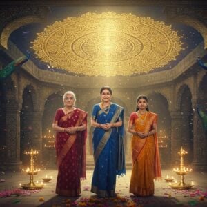 A divine panoramic scene showing three generations of Indian women in a sacred space - an elderly grandmother in maroon silk saree, middle-aged mother in deep blue silk saree, and young daughter in saffron silk saree, all adorned with traditional gold jewelry and bindis. They stand in a triangular formation within a grand, ornate temple courtyard with Madhubani-style pillars. Above them, a large, intricate mandala glows in gold and celestial blue, emanating divine light. The women are surrounded by floating lotus flowers, diyas, and delicate flower petals. The scene is framed by ornate archways featuring traditional Pattachitra-style patterns. The lighting is ethereal, with soft golden rays filtering through the mandala, creating a harmonious blend of light and shadow. In the background, peacock motifs and sacred symbols are subtly woven into the architecture. The women's expressions radiate dignity, wisdom, and divine feminine energy. The overall composition suggests reverence, tradition, and the timeless respect for womanhood in Indian culture. Style: hyper-realistic digital art with traditional Indian art elements, rich colors, and spiritual symbolism.