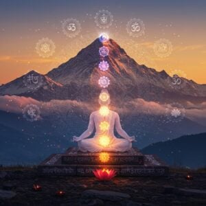A serene mountain setting at sunrise with a majestic Himalayan backdrop, where an ethereal Indian yogi in pristine white dhoti sits in Padmasana (lotus pose) on a Sanskrit-inscribed ancient stone platform. His form is semi-transparent, showing seven glowing chakras aligned vertically. Around him, multiple translucent silhouettes demonstrate the evolution of yoga through ages - from ancient rishis to modern practitioners. The scene is encircled by a large, intricate mandala pattern that seamlessly blends traditional Madhubani art motifs with sacred geometry. Floating symbols representing the eight limbs of yoga orbit the central figure like a constellation. The color palette transitions from deep indigos and royal purples at the bottom to soft oranges and golden hues at the top. Wisps of incense smoke form the shapes of various yoga mudras in the air. The lighting is mystical with subtle lens flares and particle effects, creating an atmosphere of divine wisdom. The art style combines hyperrealistic rendering with spiritual symbolism and modern digital art techniques. Small floating lotus flowers and sacred Om symbols add depth to the composition.
