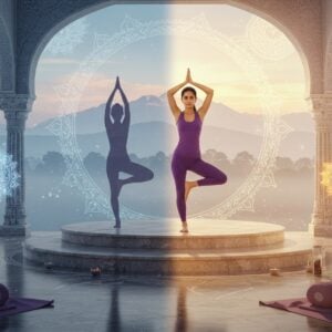 A serene indoor-outdoor fusion space with polished marble floors transitioning into a natural stone platform, featuring a young Indian yoga teacher in modern athleisure (deep purple) demonstrating the correct Vrikshasana (tree pose) with perfect alignment. Behind her, a large circular window reveals a misty Himalayan landscape at sunrise. The scene is split into two halves: one side shows common incorrect yoga practices in faded, transparent silhouettes, while the other side shows correct postures in golden, glowing outlines. Floating mandalas and sacred geometry patterns in soft pastel blues and golds frame the composition. Indian architectural elements like carved pillars and arches blend seamlessly with contemporary minimalist design. Soft morning light creates a ethereal atmosphere, with swirling energy patterns and subtle lotus flowers emerging from meditation cushions scattered around. The lighting emphasizes the contrast between shadow and light, misconception and truth. The art style combines traditional Madhubani patterns in the borders with modern digital art techniques, creating a harmonious blend of ancient wisdom and contemporary aesthetics.