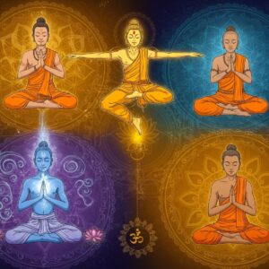 A serene mystical scene showing four distinct Indian yoga masters in traditional dhoti and angavastram, each representing different schools, arranged in a circular mandala formation. The central figure radiates golden light, performing the classic Ashtanga jump-through. To the right, an Iyengar master demonstrates perfect alignment using props against a geometric grid. The left shows a Hatha yogi in meditation with kundalini energy spiraling upward in luminous blues. At the bottom, a master performs advanced pranayama with visible prana in soft pastel swirls. Each quarter features distinct mudras and asanas specific to their school. The background transitions through deep indigo to saffron, adorned with intricate Sanskrit symbols and flowing sacred geometry patterns. Lotus flowers and om symbols float ethereally, while golden threads connect all masters symbolizing lineage. The scene is rendered in a fusion of traditional Madhubani patterns with modern digital art techniques, featuring both sharp details and dreamy, soft edges. Subtle mandalas appear in the corners, with peacock feather motifs adding grace. The lighting creates a divine atmosphere with warm highlights and cool shadows, emphasizing the spiritual nature of yoga philosophy.