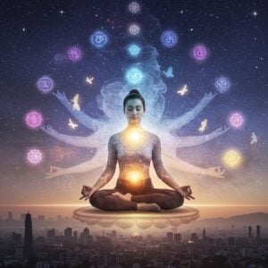 A serene Indian woman in modern yoga attire seated in Padmasana on a floating lotus platform, her aura radiating in soft golden hues against a cosmic background. The scene blends modern city silhouettes below with ancient sacred geometry patterns above. Multiple translucent layers show the same woman performing different yoga poses, creating a ethereal effect. Swirling mandalas and chakra symbols in pastel colors (violet, indigo, blue, green, yellow, orange, and red) float around her. The background transitions from urban chaos at the bottom (shown in muted grays) to peaceful cosmic energy at the top (in deep purples and blues with twinkling stars). Sacred threads of light connect ancient Vedic symbols to modern elements like smartphones and laptops, which appear as subtle golden outlines. Ethereal butterflies emerge from her meditation, transforming stress (represented by dark smoke) into peaceful energy (shown as golden light). Art style combines hyperrealistic digital art with traditional Indian Madhubani patterns, emphasizing both modern precision and timeless wisdom. The lighting creates a soft, dreamy atmosphere with hints of lens flare and cosmic dust particles.