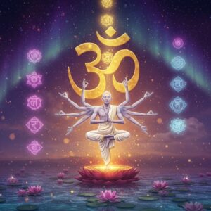A serene Indian yoga master in flowing white dhoti and angavastram performing an advanced asana on a floating lotus platform, surrounded by seven glowing chakra mandalas arranged vertically. The scene transitions from earthly elements below (crystal-clear water with lotus flowers) to cosmic elements above (starlit sky with aurora-like energy flows). The yogi's skin emanates a subtle golden aura, while geometric sacred patterns in gold and peacock blue form intricate Madhubani-style borders. Multiple translucent arms emerge from the yogi in a circular pattern, each demonstrating different classical yoga poses. The background features a large, ethereal Om symbol rendered in shimmering gold light. Magical fireflies and light orbs float around, creating a mystical atmosphere. The color palette combines deep spiritual colors (saffron, deep purple, celestial blue) with soft pastel highlights. The art style merges hyperrealistic human anatomy with traditional Indian artistic elements, rendered in a modern digital painting style. Subtle sacred geometry patterns float in the air, emphasized by volumetric lighting.